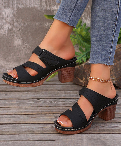 Chic Hollow Out Splicing Chunky Brown Faux Leather Slide Sandals