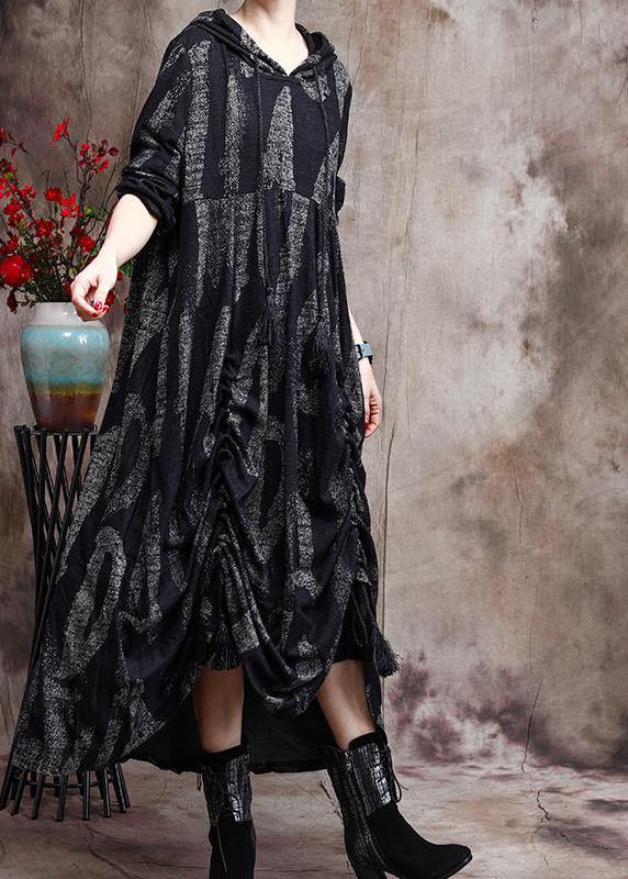Chic Hoodie Baggy Maxi Dresses Black Print Long Dresses - SooLinen