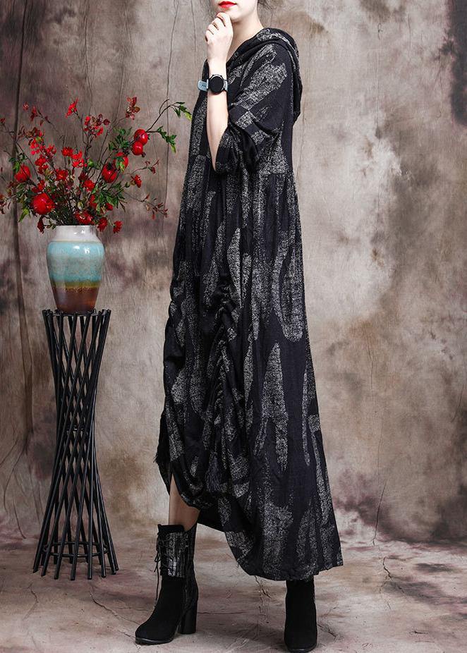 Chic Hoodie Baggy Maxi Dresses Black Print Long Dresses - SooLinen