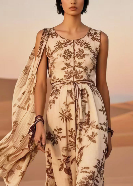 Chic Khaki Asymmetrical Print Cotton Holiday Dresses Summer