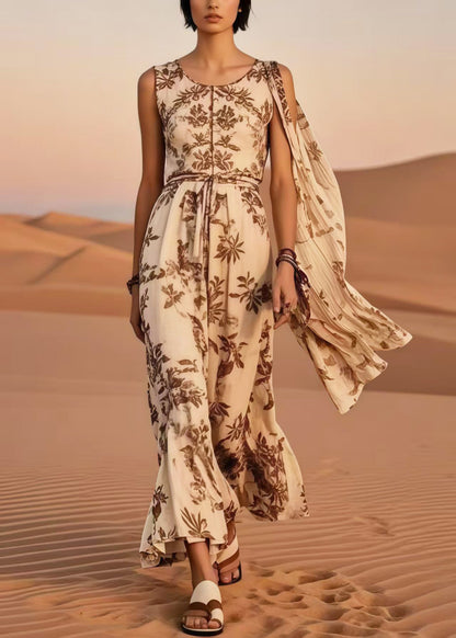 Chic Khaki Asymmetrical Print Cotton Holiday Dresses Summer