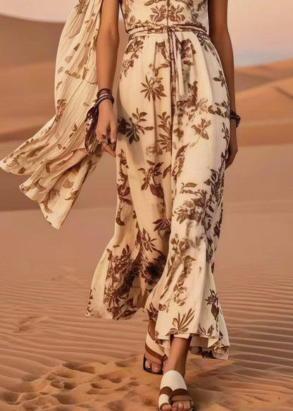 Chic Khaki Asymmetrical Print Cotton Holiday Dresses Summer