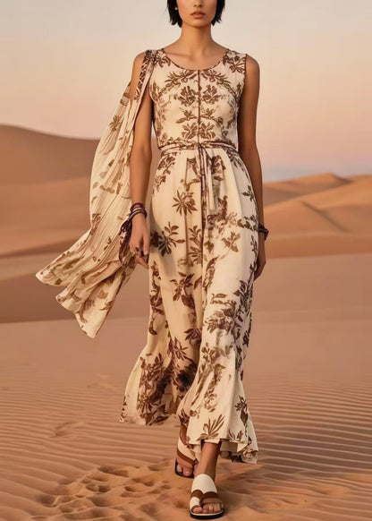 Chic Khaki Asymmetrical Print Cotton Holiday Dresses Summer