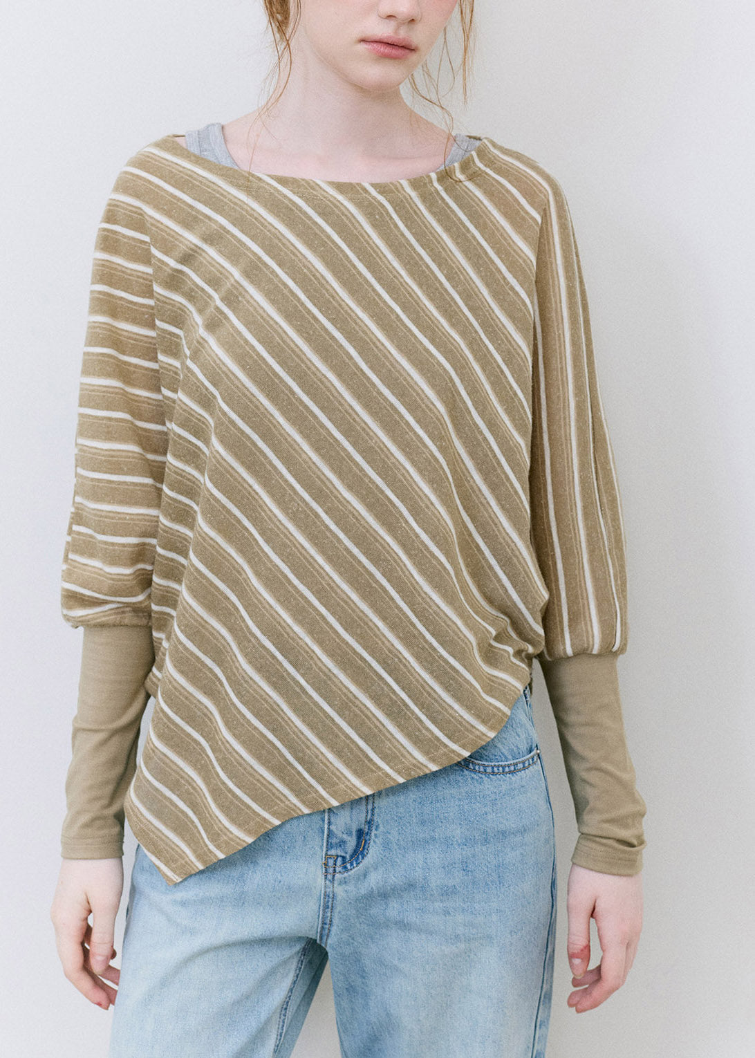 Chic Khaki Asymmetrical Striped Top Batwing Sleeve