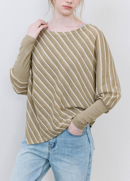Chic Khaki Asymmetrical Striped Top Batwing Sleeve
