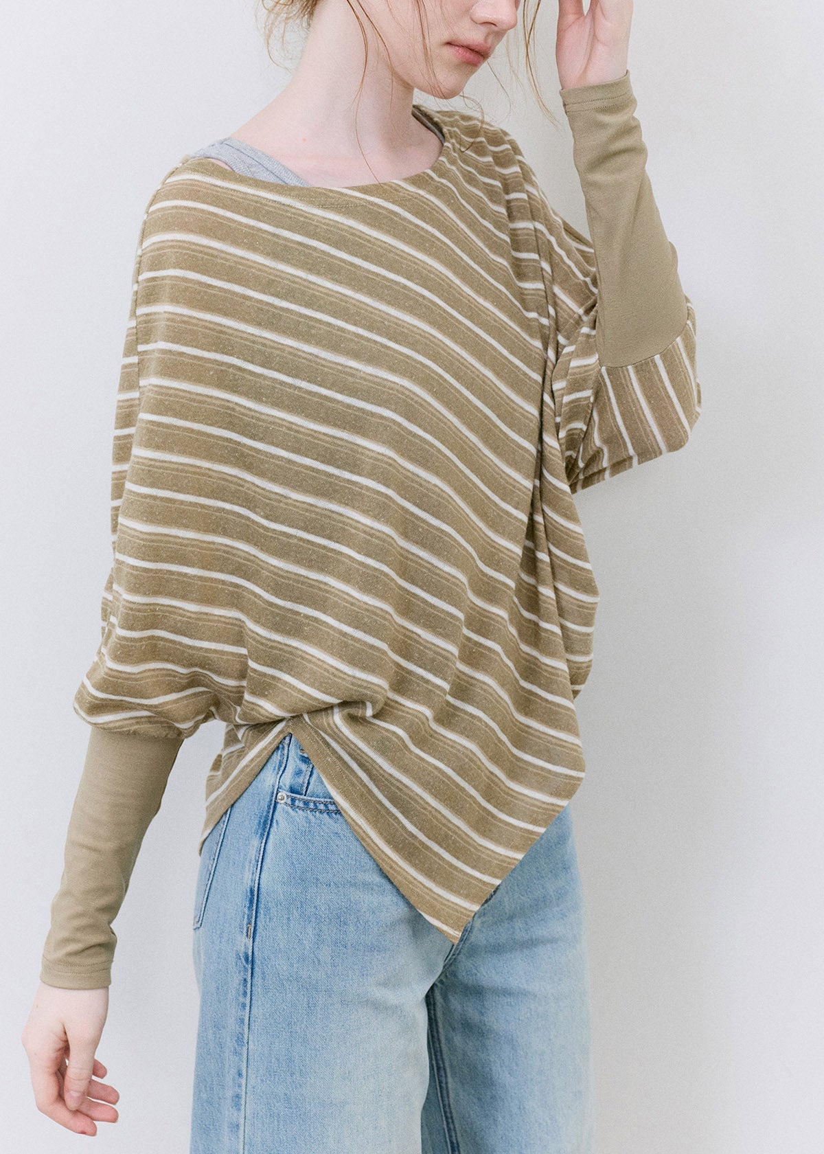 Chic Khaki Asymmetrical Striped Top Batwing Sleeve