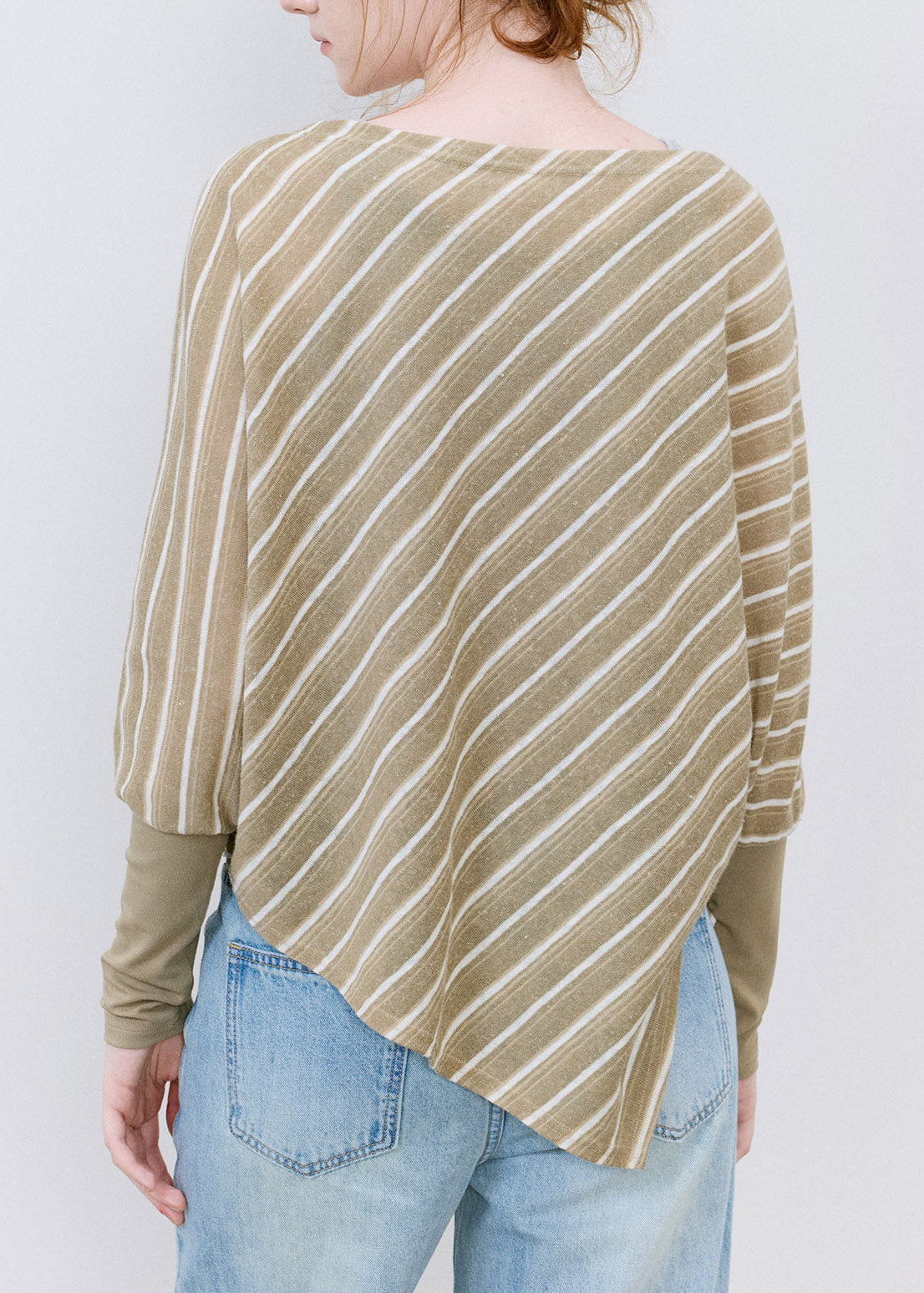 Chic Khaki Asymmetrical Striped Top Batwing Sleeve