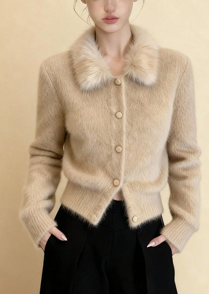 Chic Khaki Button Solid Mink Hair Knitted Cardigans Long Sleeve