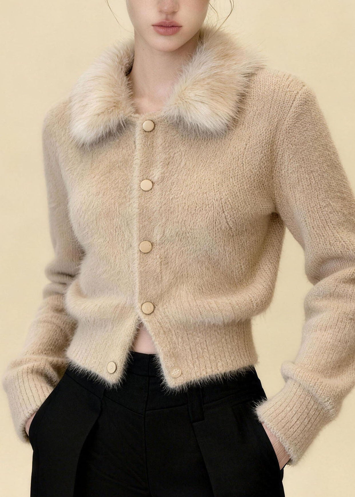 Chic Khaki Button Solid Mink Hair Knitted Cardigans Long Sleeve