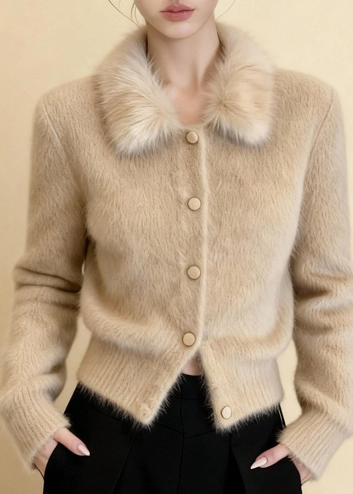 Chic Khaki Button Solid Mink Hair Knitted Cardigans Long Sleeve