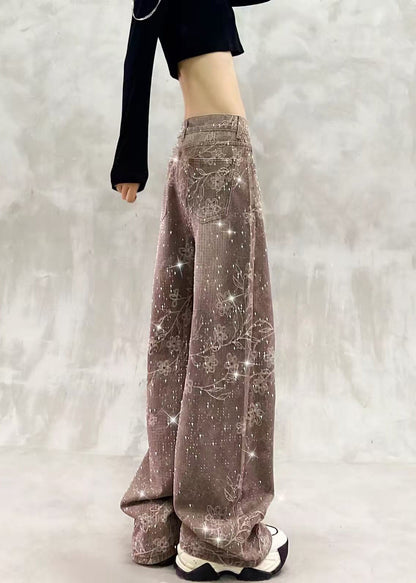 Chic Khaki Full Rhinestone High Waist Print Denim Wide Leg Pants Fall