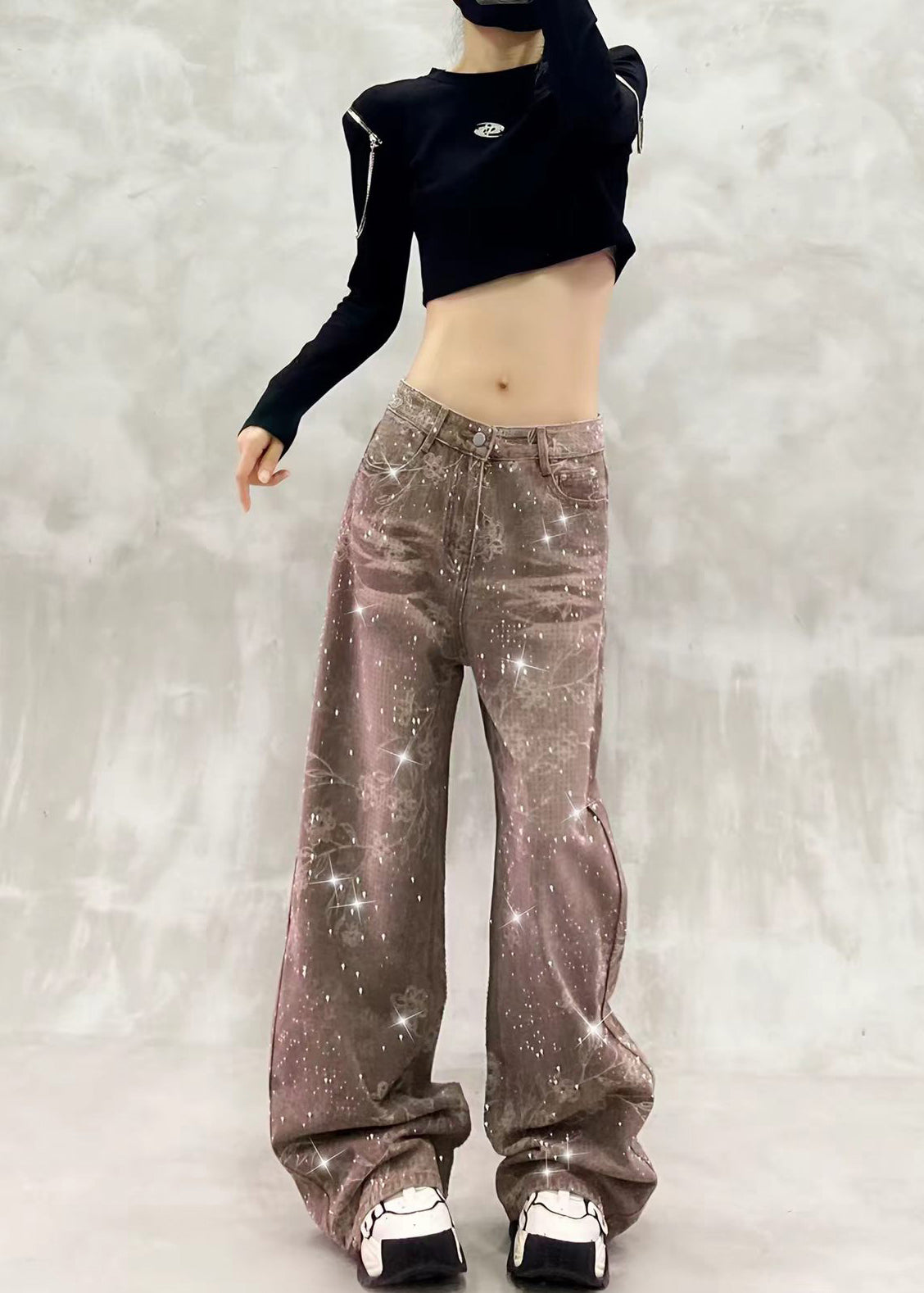 Chic Khaki Full Rhinestone High Waist Print Denim Wide Leg Pants Fall