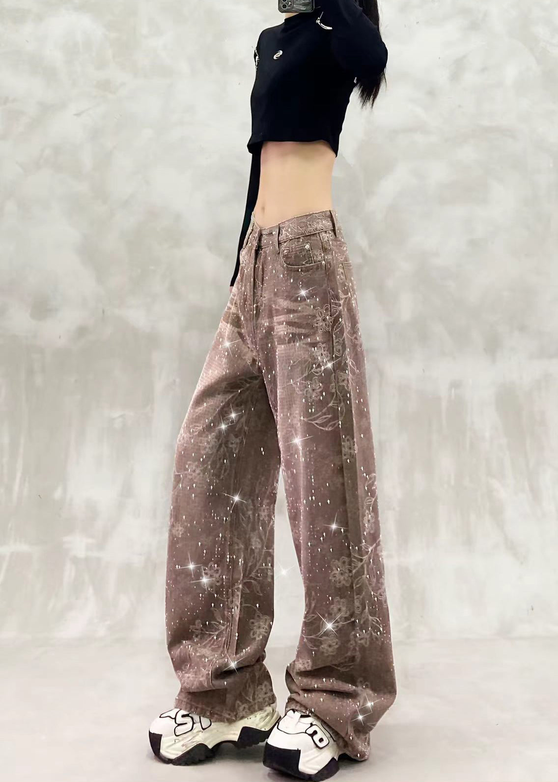Chic Khaki Full Rhinestone High Waist Print Denim Wide Leg Pants Fall