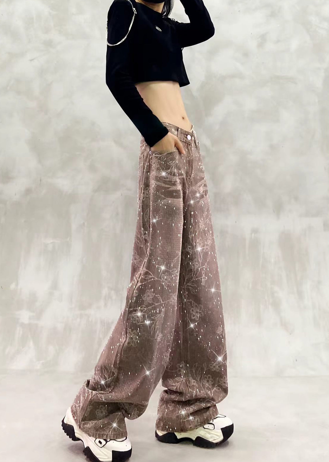 Chic Khaki Full Rhinestone High Waist Print Denim Wide Leg Pants Fall