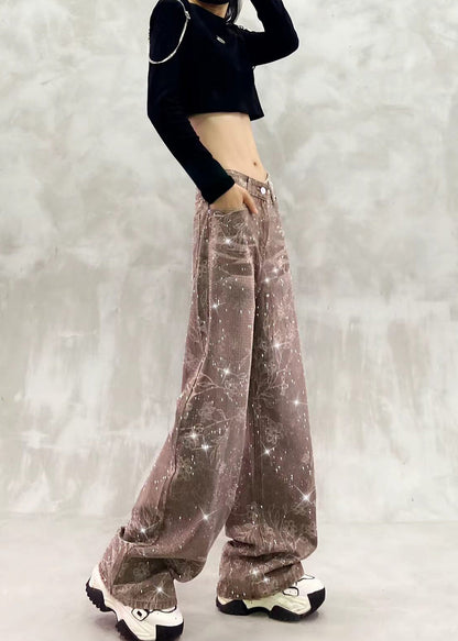 Chic Khaki Full Rhinestone High Waist Print Denim Wide Leg Pants Fall