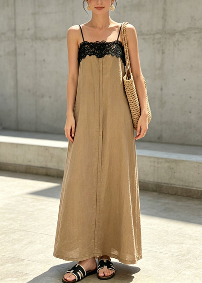 Chic Khaki Lace Patchwork Cotton Spaghetti Strap Dress Summer