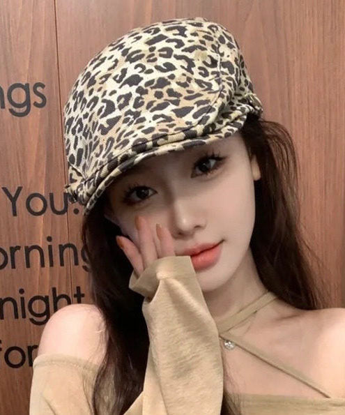 Chic Khaki Leopard Print Cotton Breton Hat