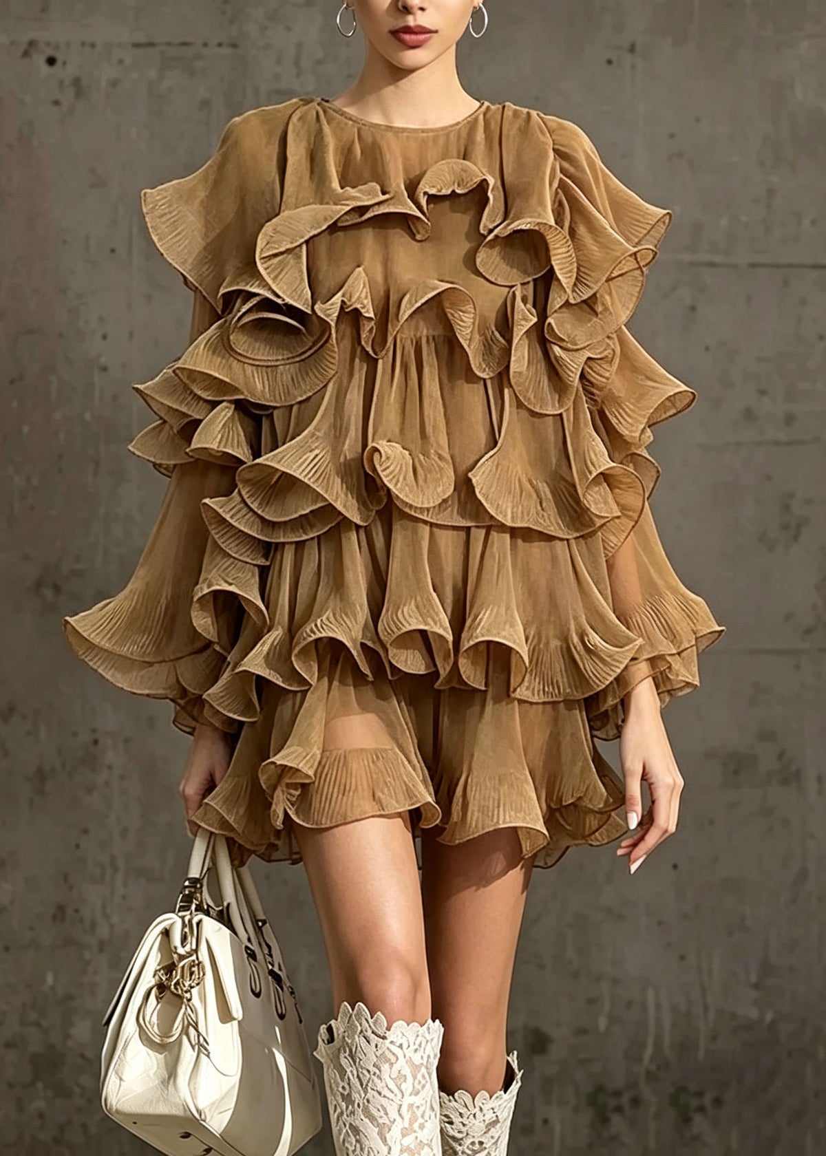 Chic Khaki O Neck Ruffled Patchwork Chiffon Dress Fall