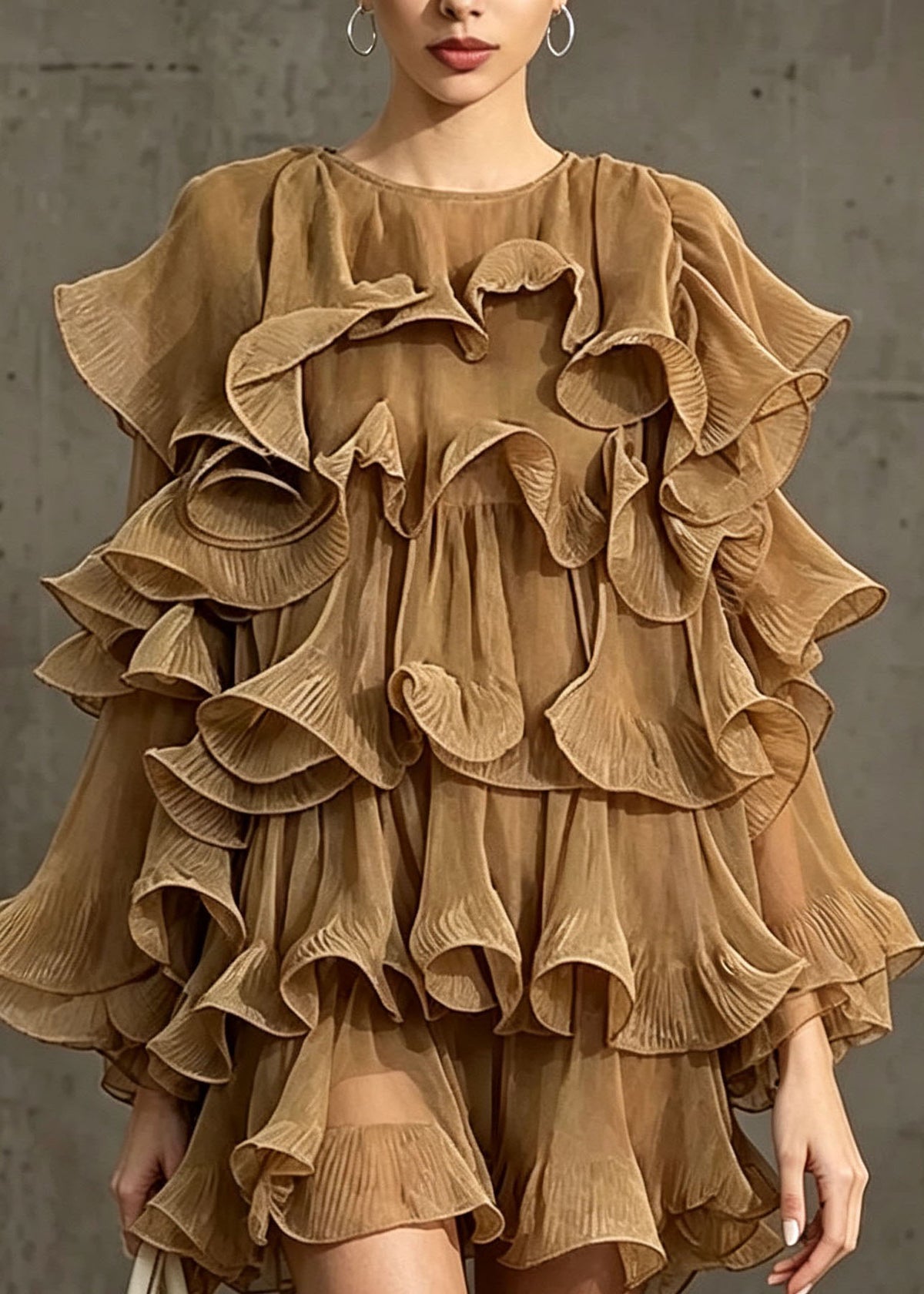 Chic Khaki O Neck Ruffled Patchwork Chiffon Dress Fall