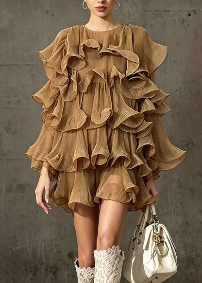 Chic Khaki O Neck Ruffled Patchwork Chiffon Dress Fall