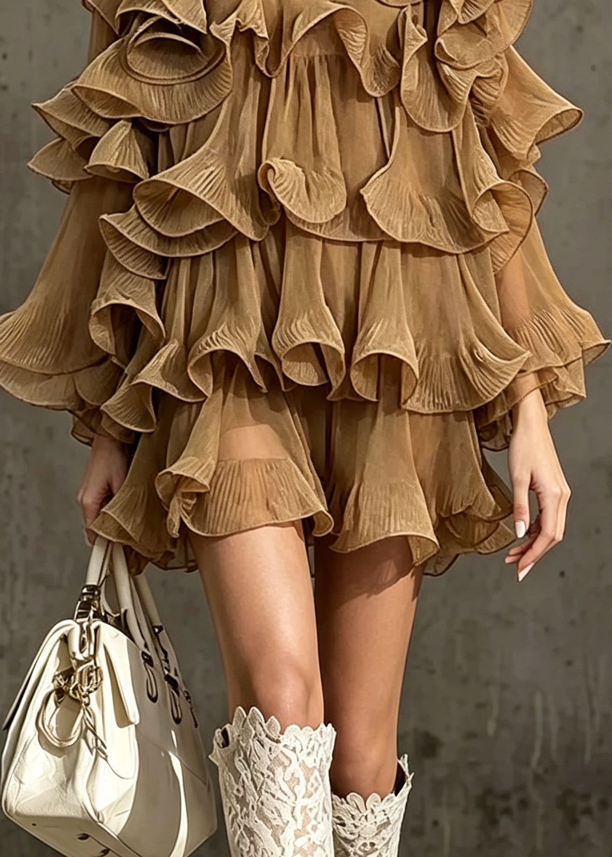 Chic Khaki O Neck Ruffled Patchwork Chiffon Dress Fall