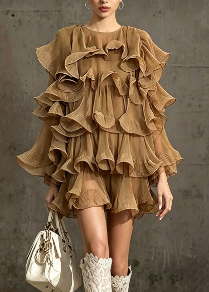 Chic Khaki O Neck Ruffled Patchwork Chiffon Dress Fall