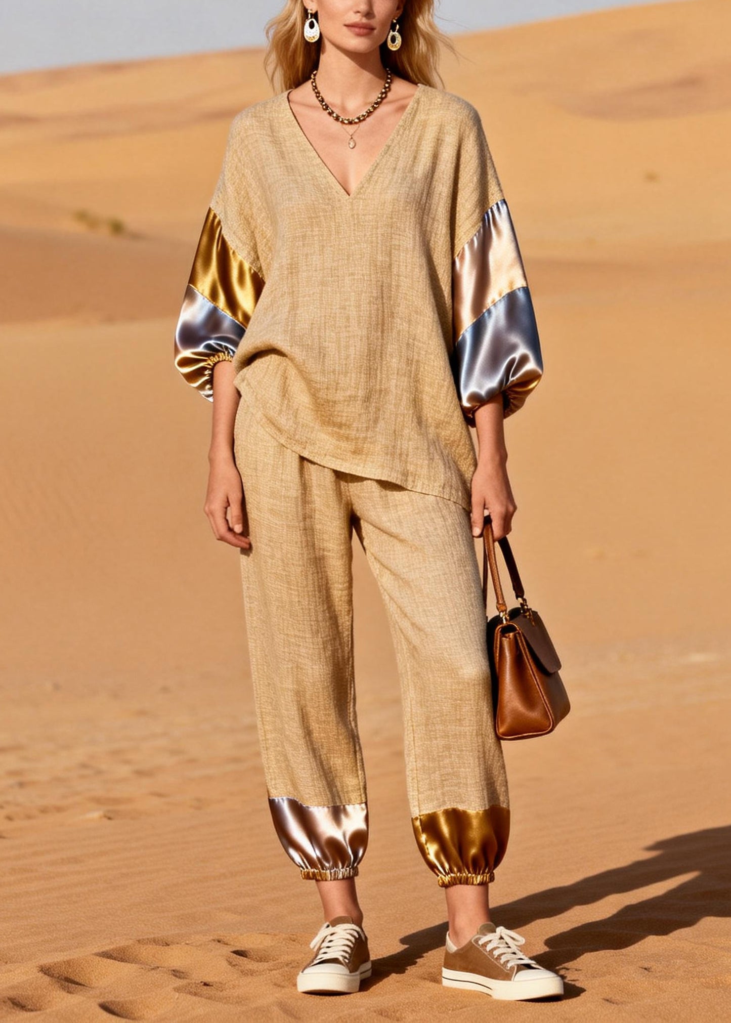 Chic Khaki Oversized Patchwork Linen Two Pieces Set Spring