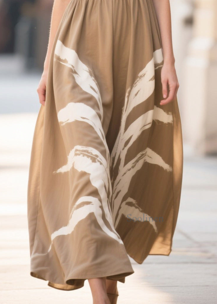 Chic Khaki Oversized Print Cotton Robe Dresses Summer