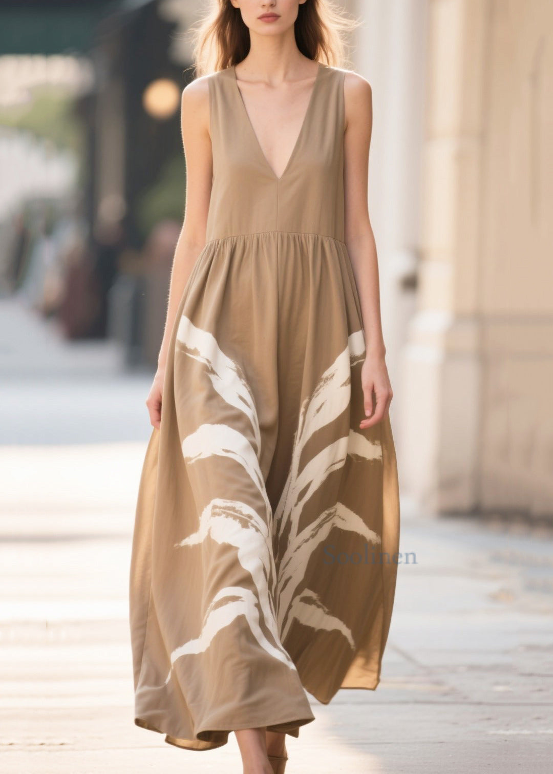 Chic Khaki Oversized Print Cotton Robe Dresses Summer