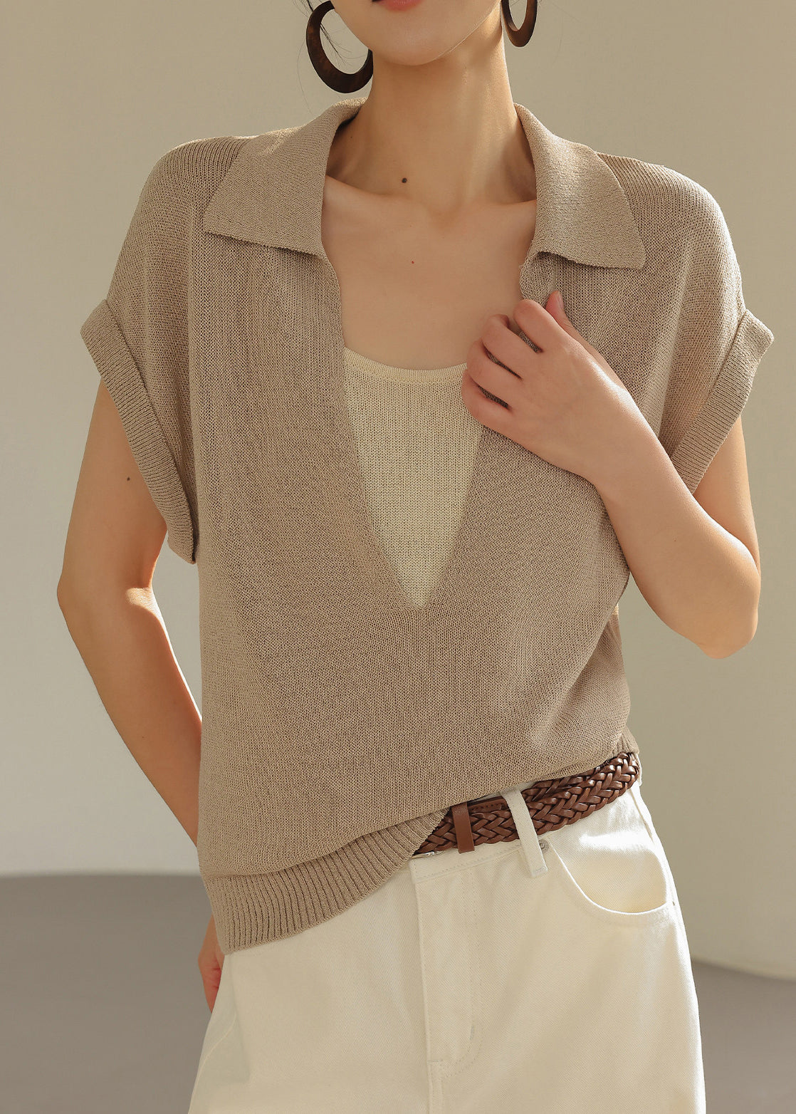 Chic Khaki Peter Pan Collar Patchwork Knit Fake Two Piece Shirt Top Summer
