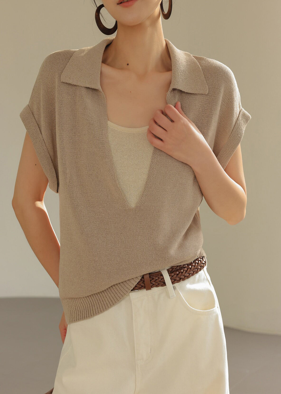 Chic Khaki Peter Pan Collar Patchwork Knit Fake Two Piece Shirt Top Summer