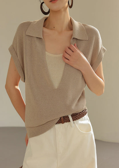 Chic Khaki Peter Pan Collar Patchwork Knit Fake Two Piece Shirt Top Summer
