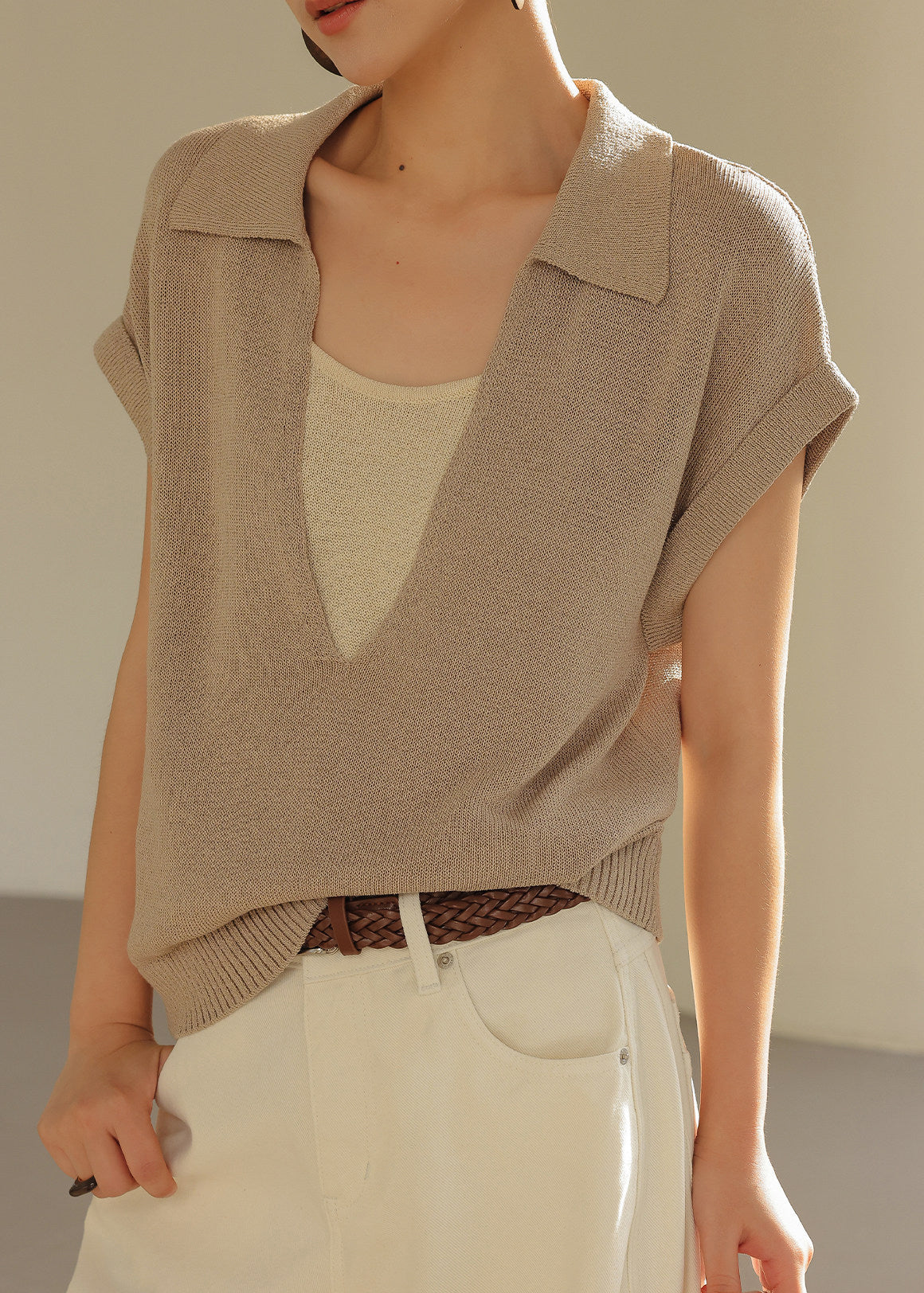 Chic Khaki Peter Pan Collar Patchwork Knit Fake Two Piece Shirt Top Summer
