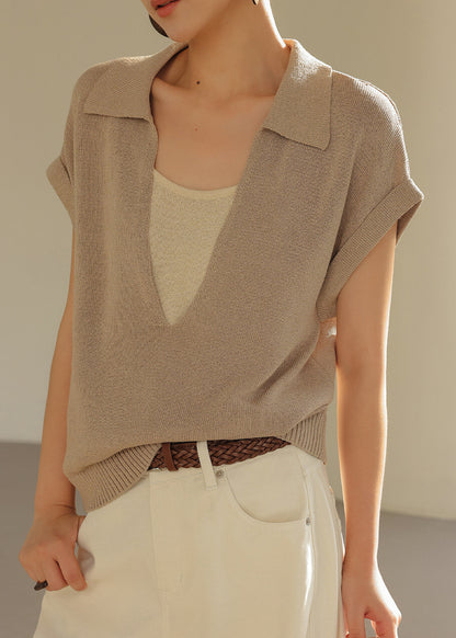 Chic Khaki Peter Pan Collar Patchwork Knit Fake Two Piece Shirt Top Summer