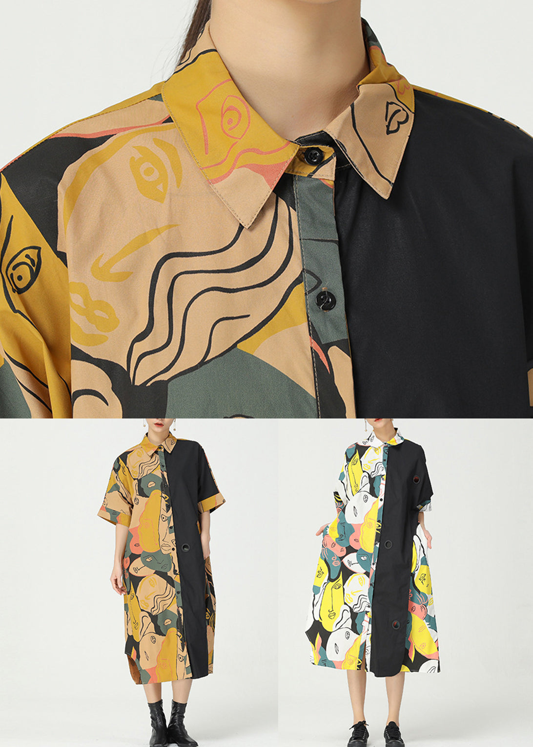 Chic Khaki Print Pockets Patchwork Cotton Shirts Dress Short Sleeve