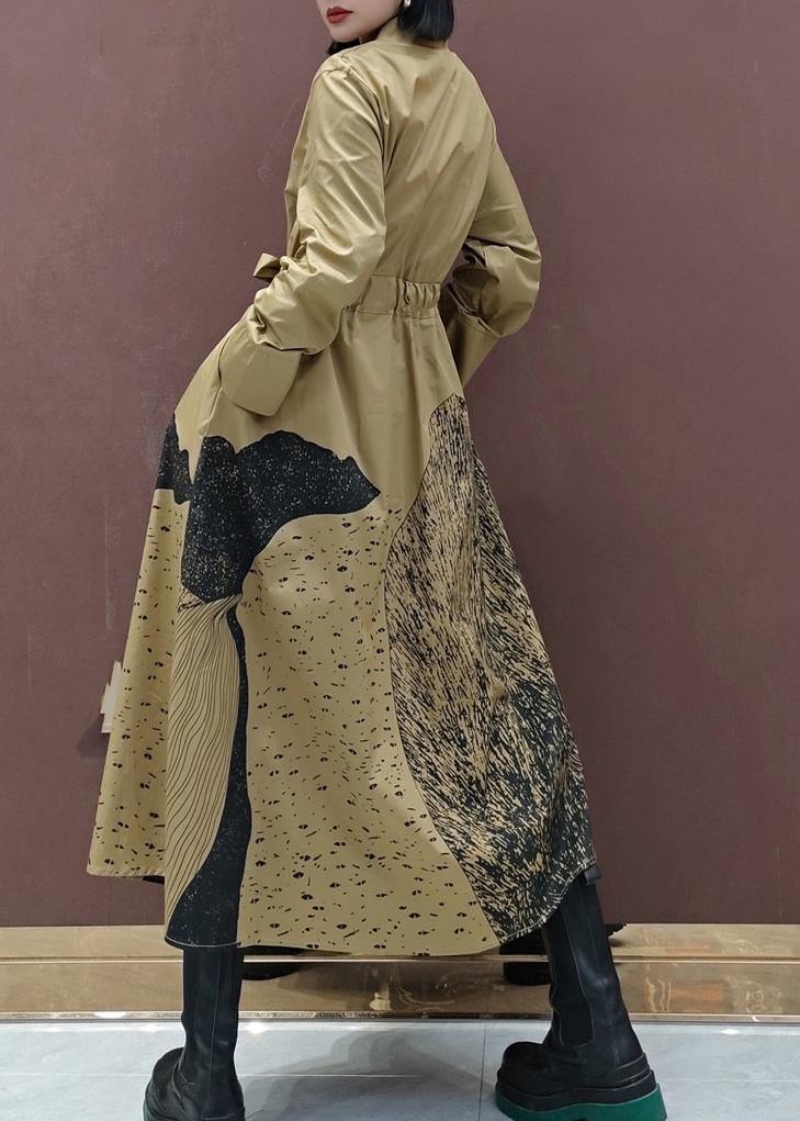Chic Khaki Print Tunics Lapel Drawstring Robes Spring Dresses - SooLinen