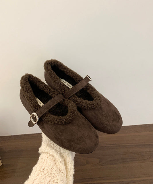 Chic Khaki Round Toe Buckle Strap Fleece Lined Faux Suede Flat Shoes
