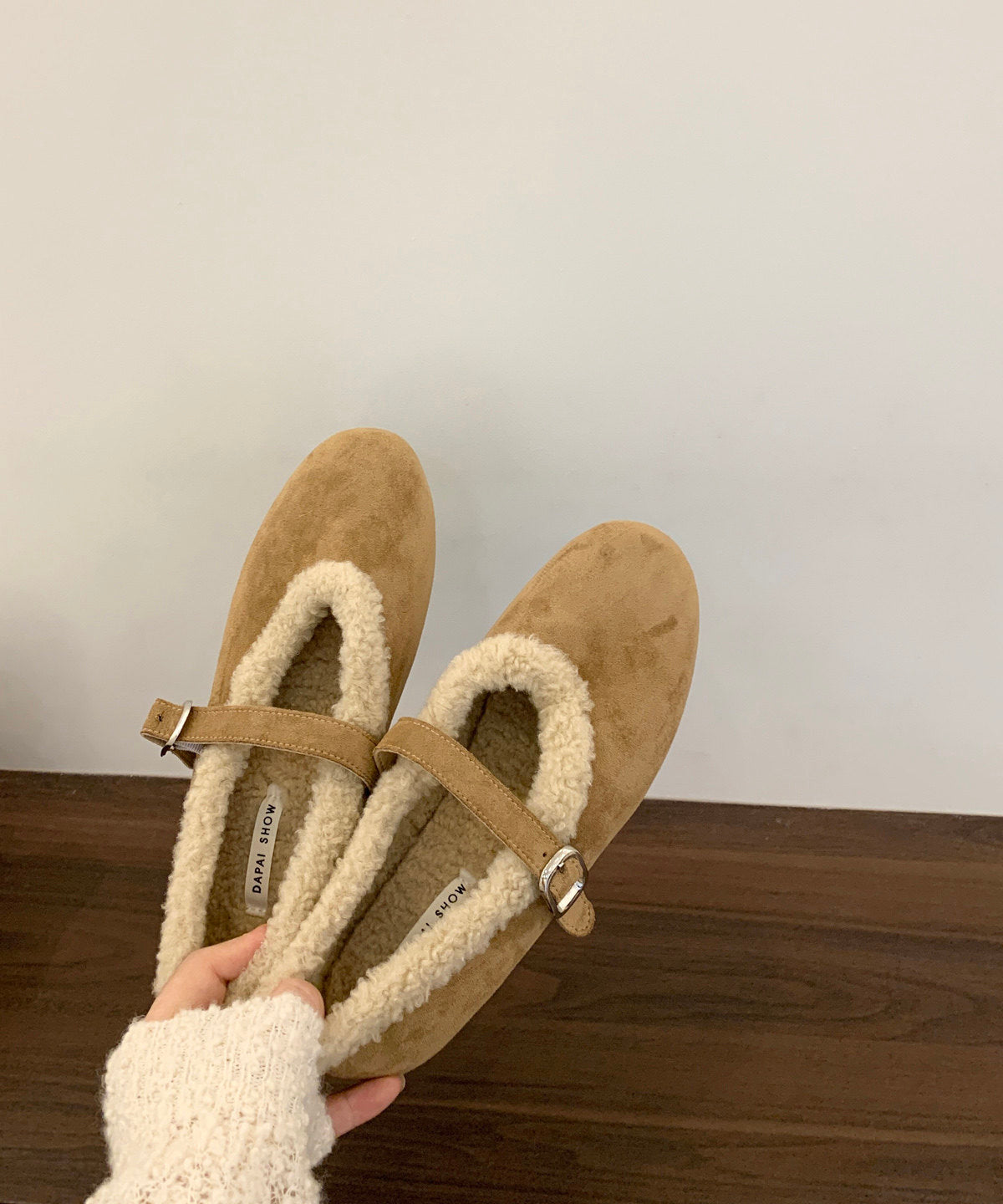 Chic Khaki Round Toe Buckle Strap Fleece Lined Faux Suede Flat Shoes
