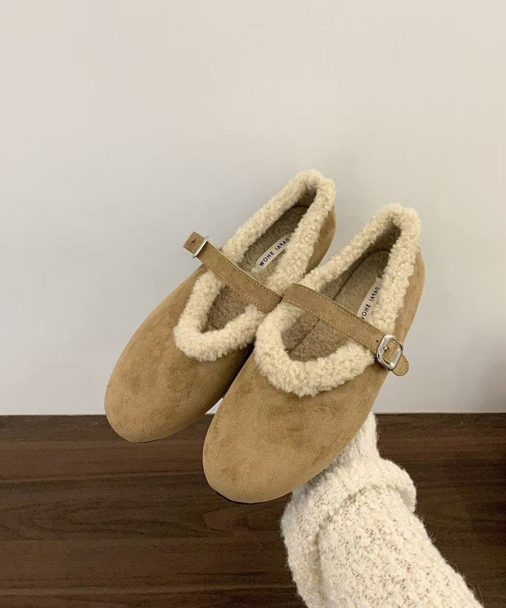 Chic Khaki Round Toe Buckle Strap Fleece Lined Faux Suede Flat Shoes