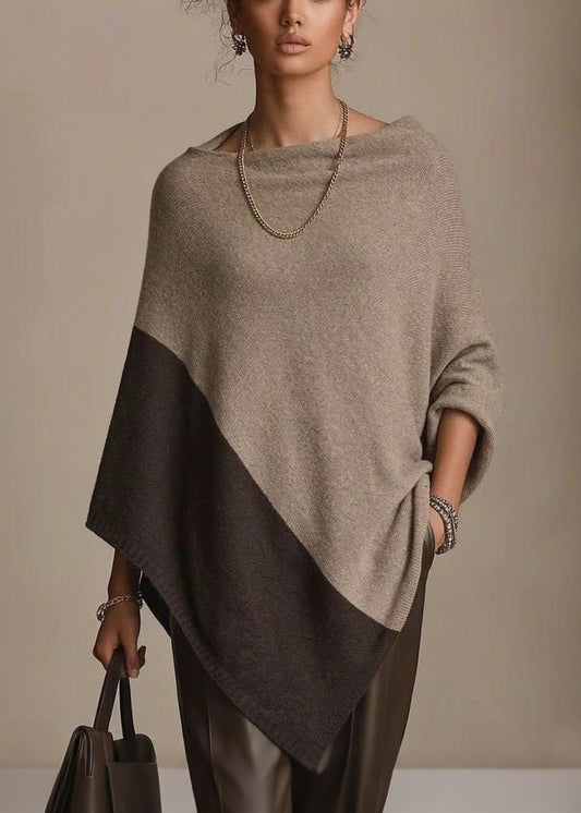 Chic Khaki Slash Neck Loose Woolen Knit Cape Fall
