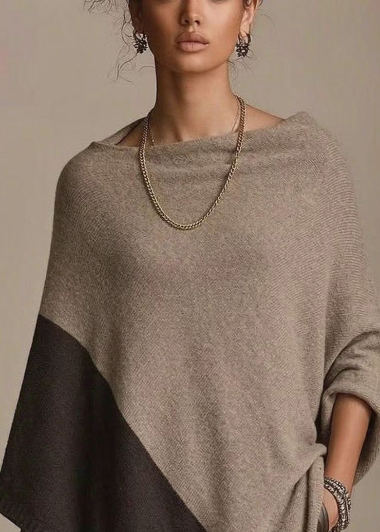 Chic Khaki Slash Neck Loose Woolen Knit Cape Fall