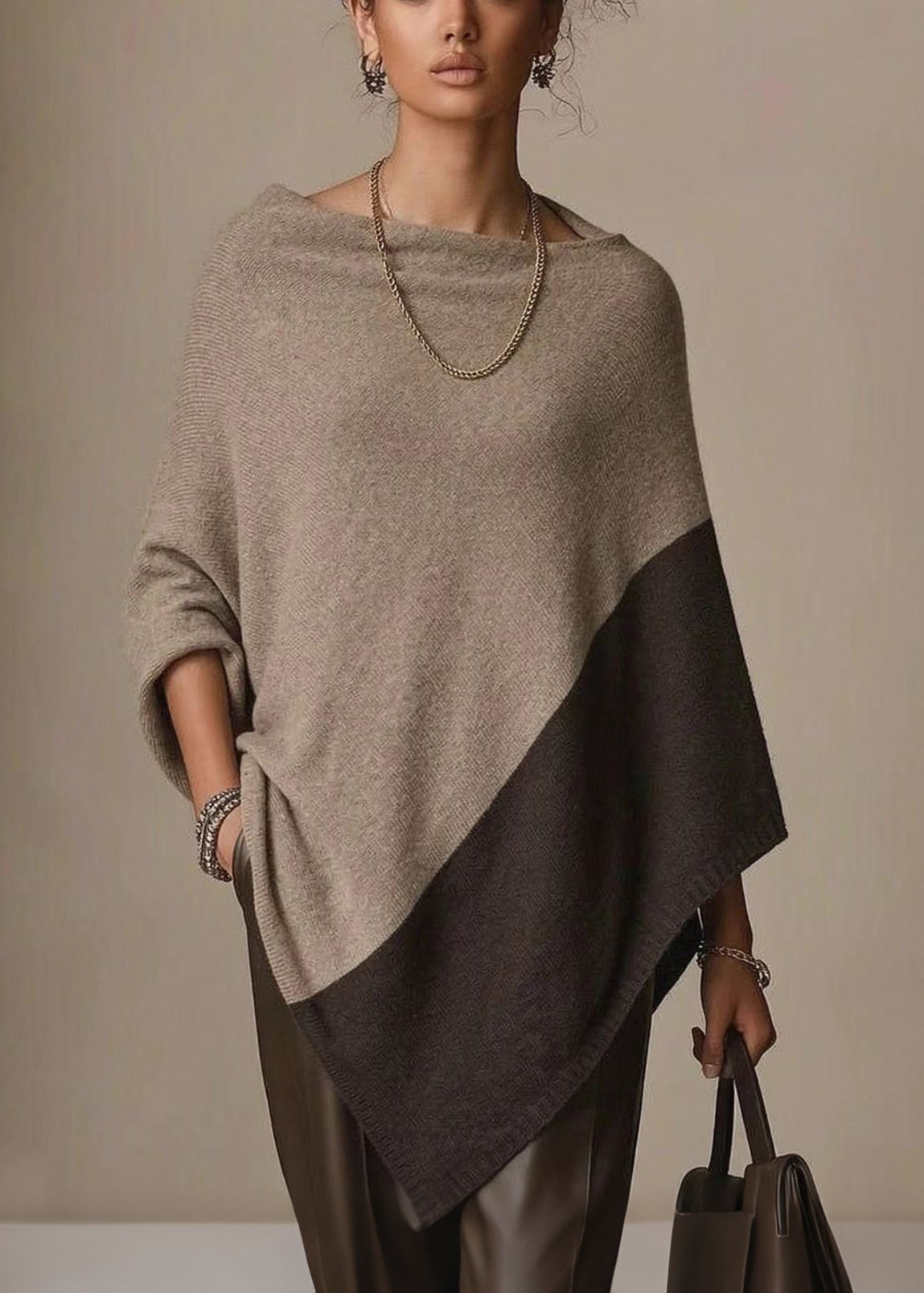 Chic Khaki Slash Neck Loose Woolen Knit Cape Fall
