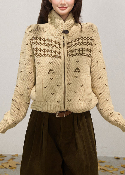 Chic Khaki Stand Collar Zippered Knit Jackets Fall