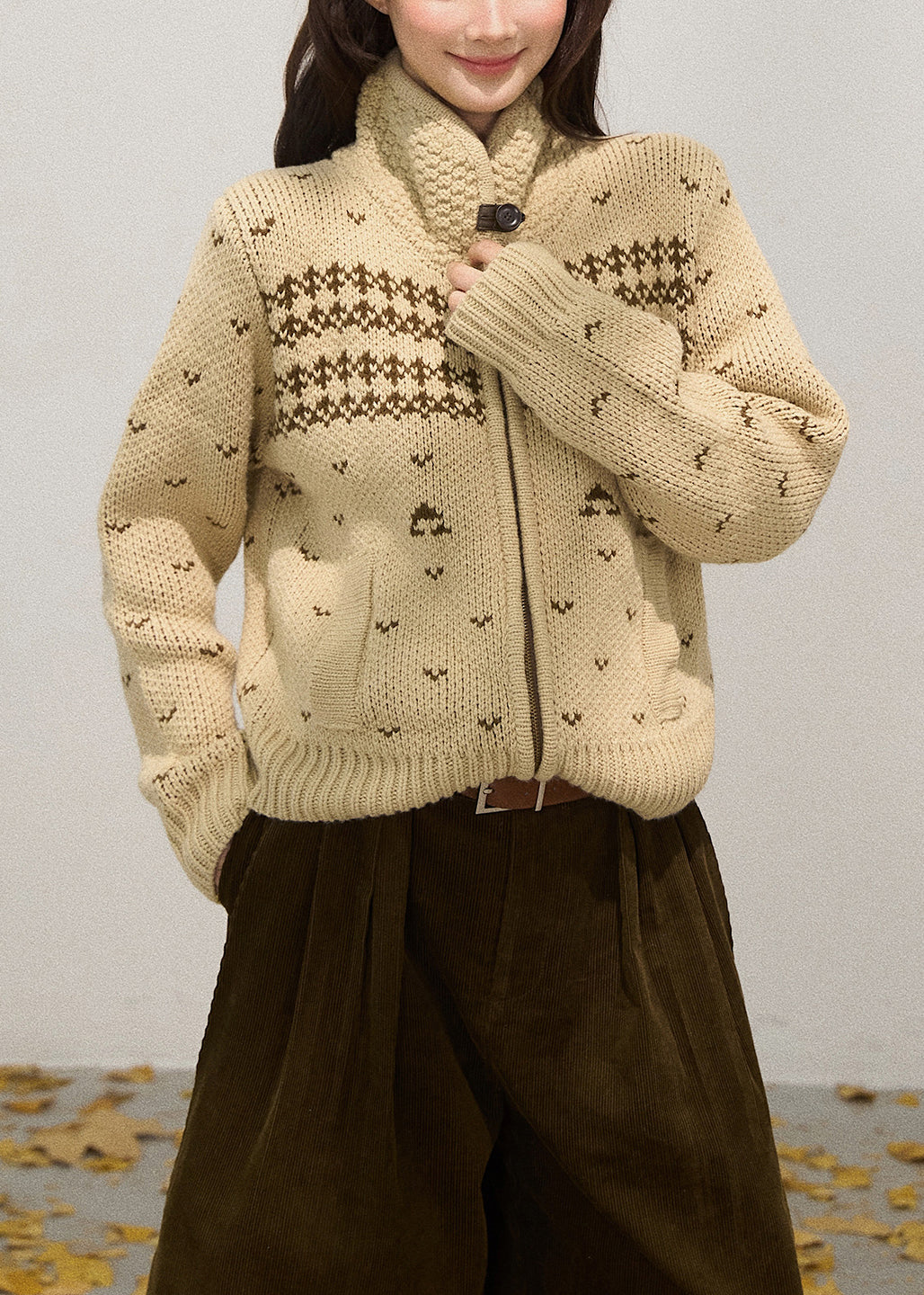 Chic Khaki Stand Collar Zippered Knit Jackets Fall