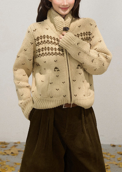 Chic Khaki Stand Collar Zippered Knit Jackets Fall