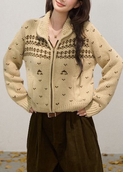 Chic Khaki Stand Collar Zippered Knit Jackets Fall