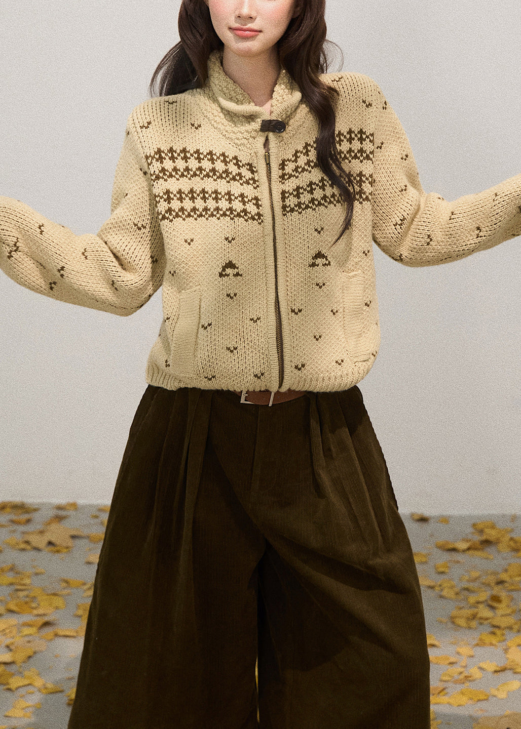 Chic Khaki Stand Collar Zippered Knit Jackets Fall