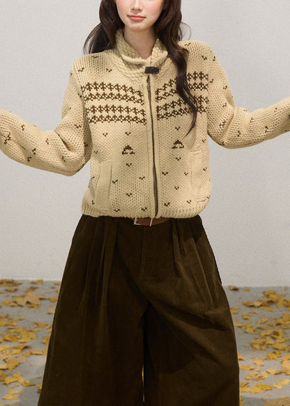 Chic Khaki Stand Collar Zippered Knit Jackets Fall