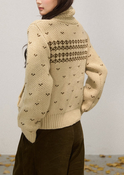 Chic Khaki Stand Collar Zippered Knit Jackets Fall