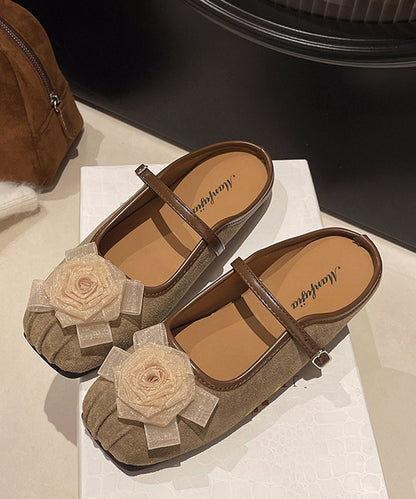Chic Khaki Stereoscopic Flower Buckle Strap Faux Suede Flats Backless Slippers